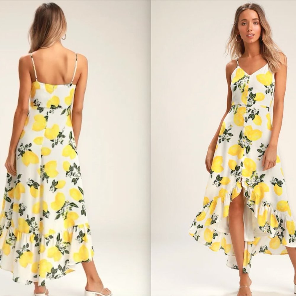 Lulus Afternoon Air Yellow Lemon Print High-Low Midi Dress!